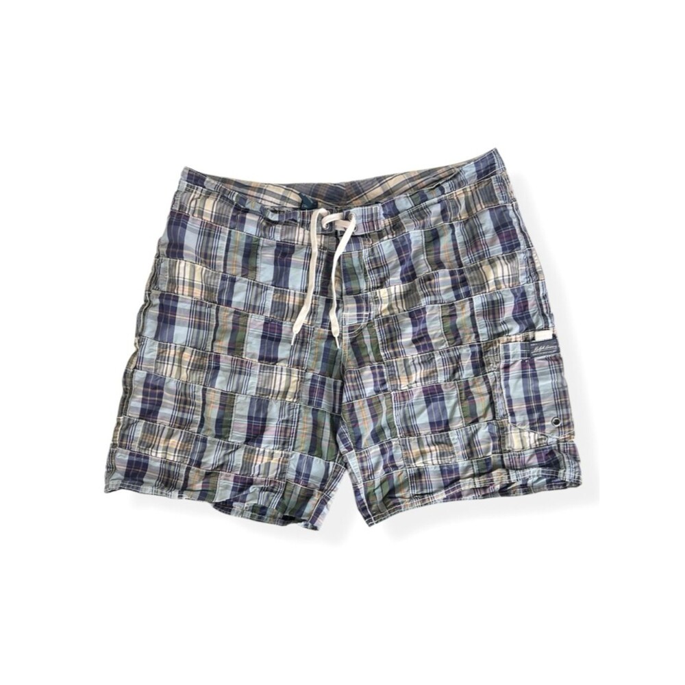 Polo Ralph Lauren Vintage Y2K Plaid Drawstring Swim Board Shorts in Blue & Green